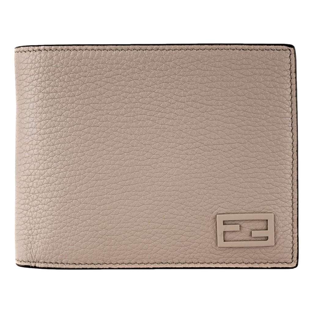 Fendi Fendi FF Logo Plaque Light Gray and Blue Pebbled Calf Leather Bifold Wallet Camel Leather Never worn, with tag - Front View