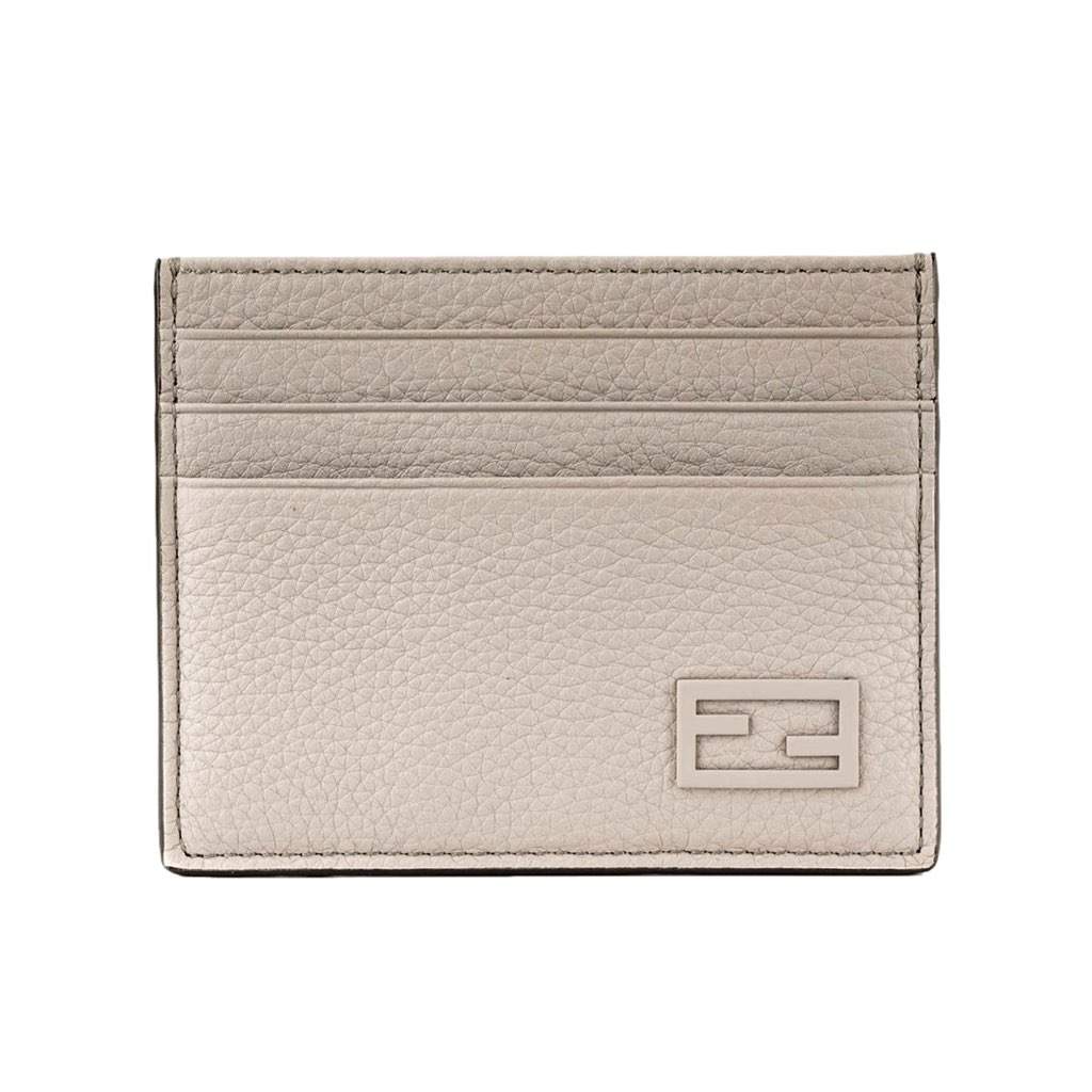 Fendi Fendi FF Logo Light Gray and Blue Pebbled Calf Leather Card Case Wallet Silver Leather Never worn, with tag - Front View