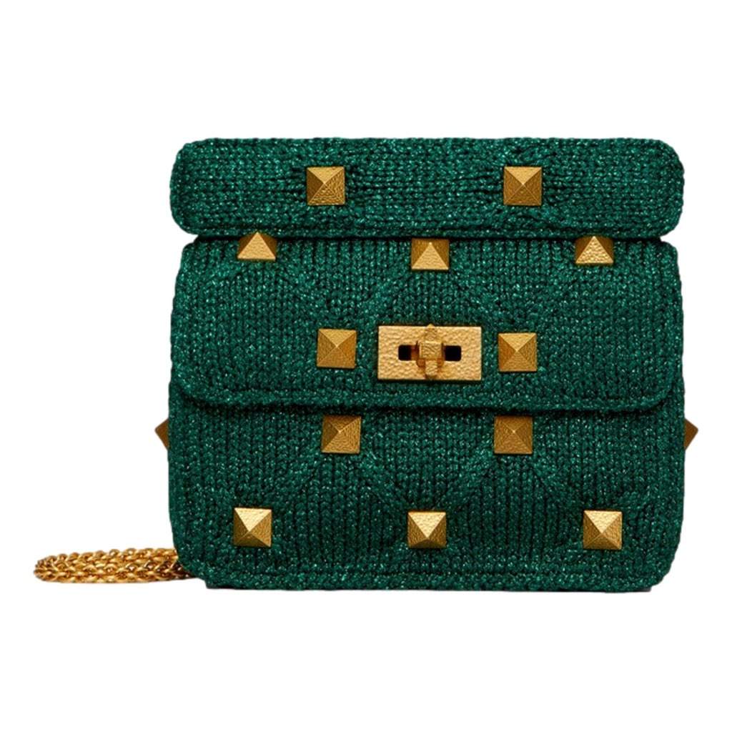 Valentino Garavani Valentino Garavani Roman Stud Medium Shoulder Bag Metallic Green Lurex Green Canvas Never worn, with tag - Front View