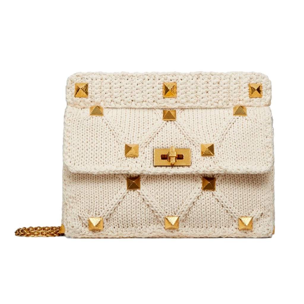 Valentino Garavani Valentino Garavani Roman Stud Large Shoulder Bag Ivory Knit Cashmere White Canvas Never worn, with tag - Front View