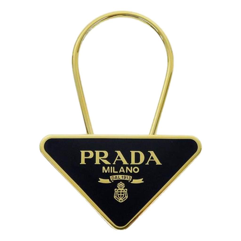 Prada Prada Enameled Metal Logo Pin Key Ring Black and Gold Purse Charm Black Never worn, with tag - Front View