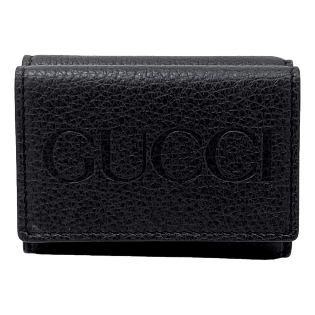 Gucci Gucci Embossed Logo Mini Tri-Fold Wallet Black Pebbled Leather Black Leather Never worn, with tag - Front View