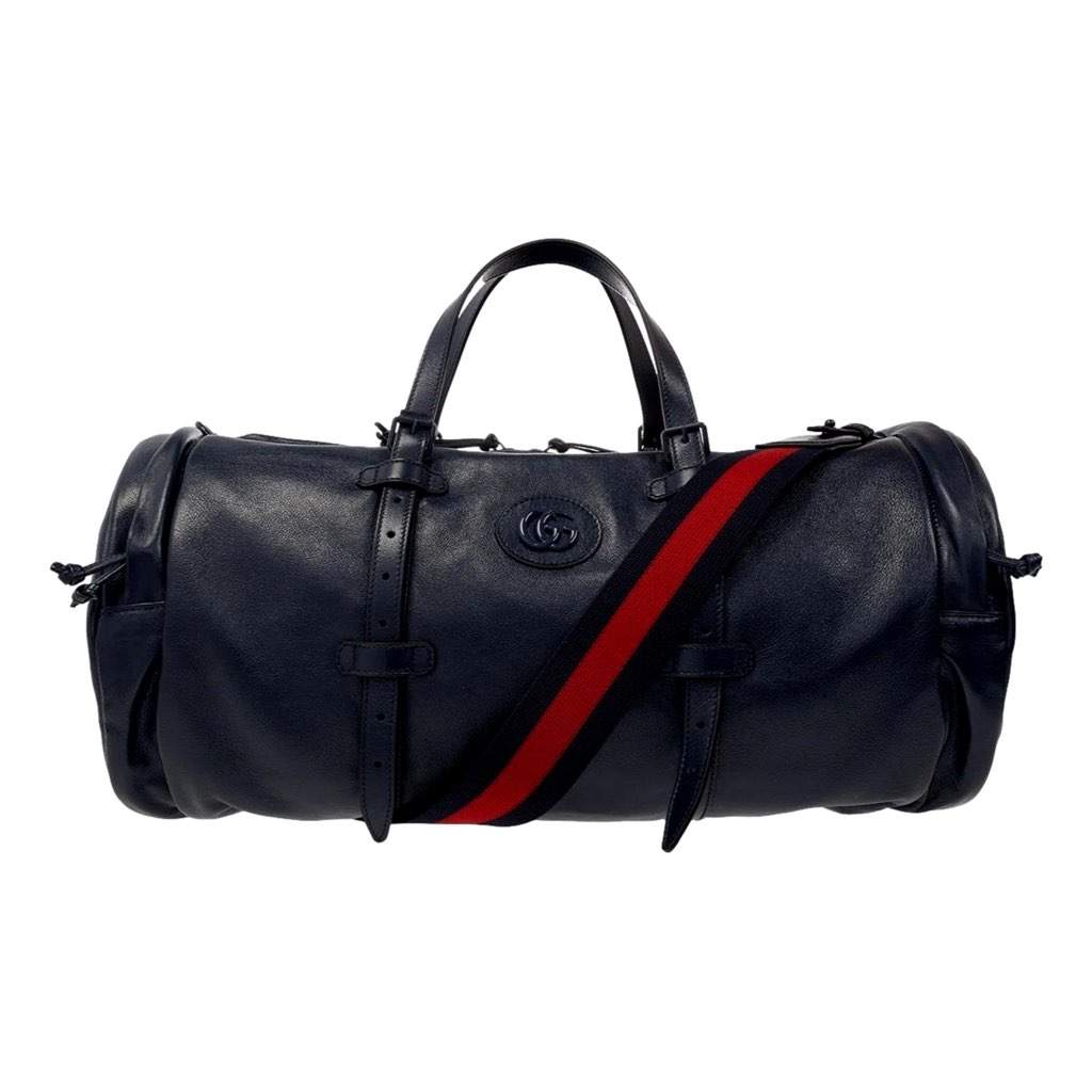 Gucci Gucci GG Logo Deep Blue Buffalo Leather Duffle Tote with Strap Blue Leather Never worn - Front View