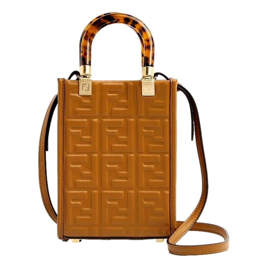 Fendi Fendi FF Zucca Leather Mini Sunshine Shopper Tote Crossbody Bag Caramello Brown Brown Leather Never worn, with tag - Front View