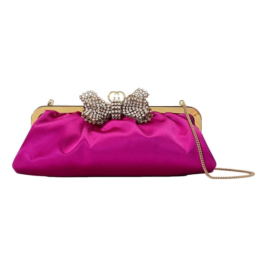 Gucci Gucci Broadway Fuchsia Satin Crystal Bow Clutch Chain Shoulder Bag Pink Never worn, with tag - Front View