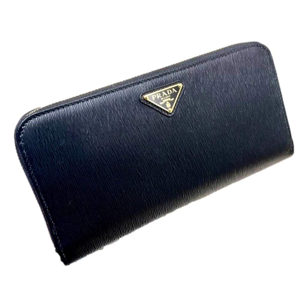 Prada Prada Vitello Move Nero Black Leather Zip Around Long Wallet Gold Triangle Logo Beige Leather Never worn, with tag - Front View