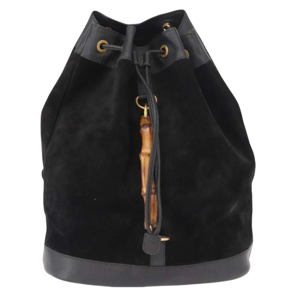 Gucci Vintage Bamboo Drawstring Backpack Black Suede Fair condition - Front View