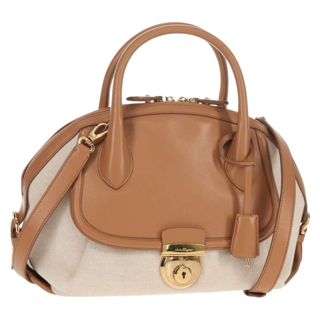 Salvatore Ferragamo Vintage Fiamma Satchel Beige Canvas Good condition - Front View