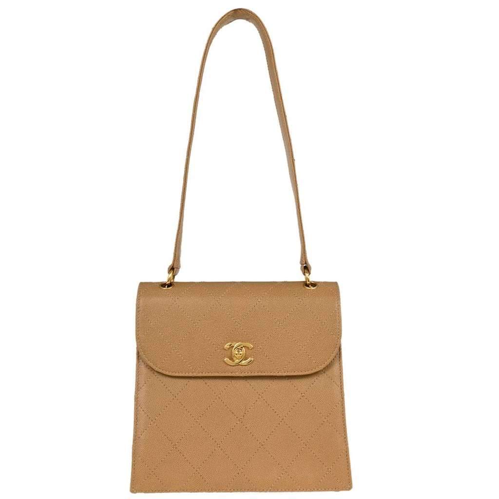 Chanel Vintage Top Handle Flap Bag Beige Leather Good condition - Front View
