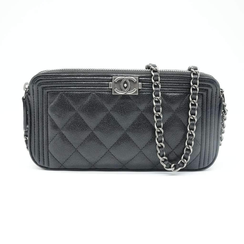 Chanel Boy Double Zip Chain Wallet Black Quilted Caviar Leather Black Good - Front View
