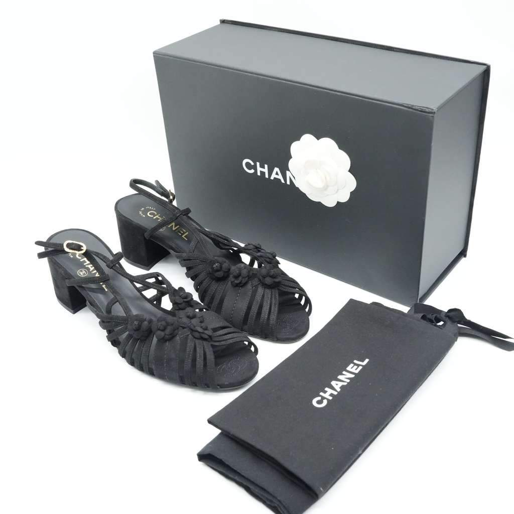 Chanel Black Suede Mule Sandals Camellia Flower Gold Tone Buckle Size 40C Black Suede Fair condition - Front View