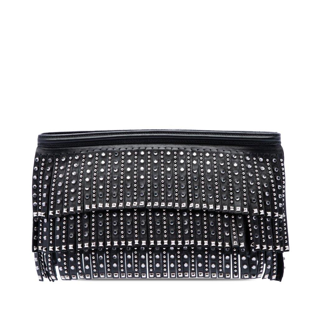 Prada Crystal Embellished Leather Fringe Clutch