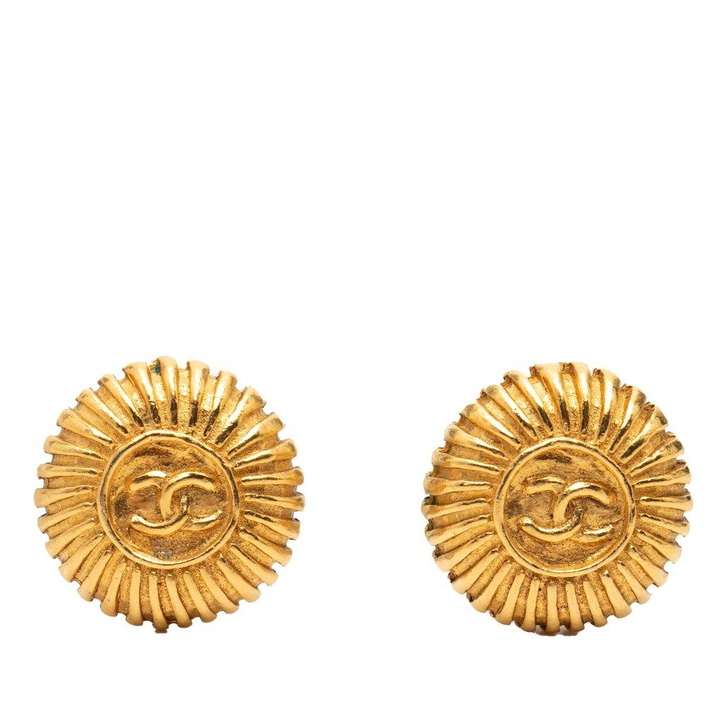 Chanel Gold Plated CC Sunburst Clip On Earrings