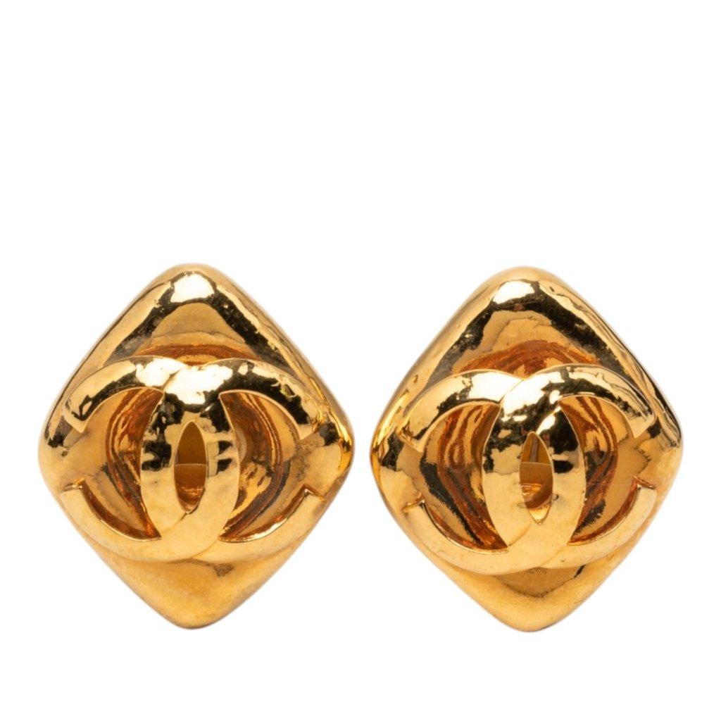 Chanel CC Gold Plated Diamond Shape Clip On Earrings