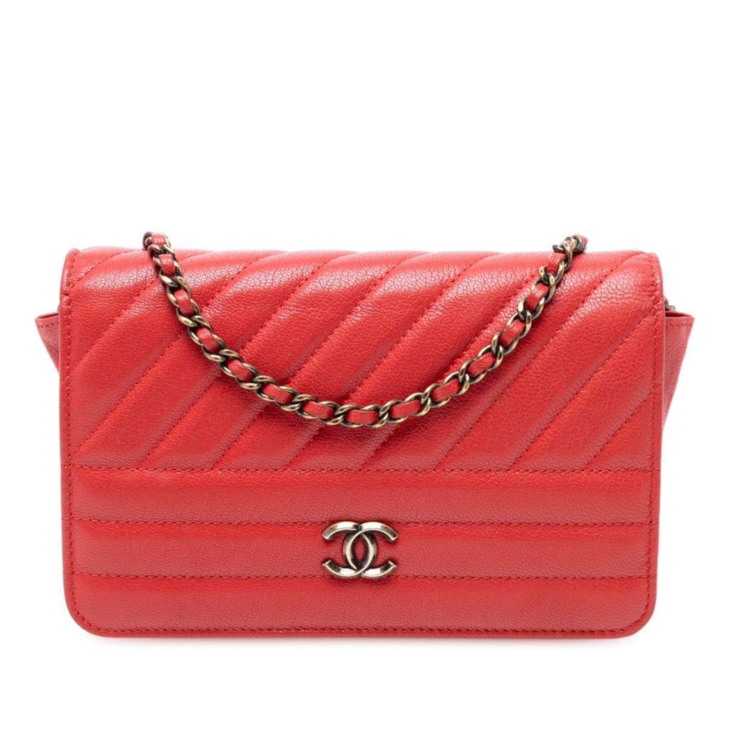 Chanel محفظة CC من جلد الماعز المبطن بنمط قطري مع سلسلة