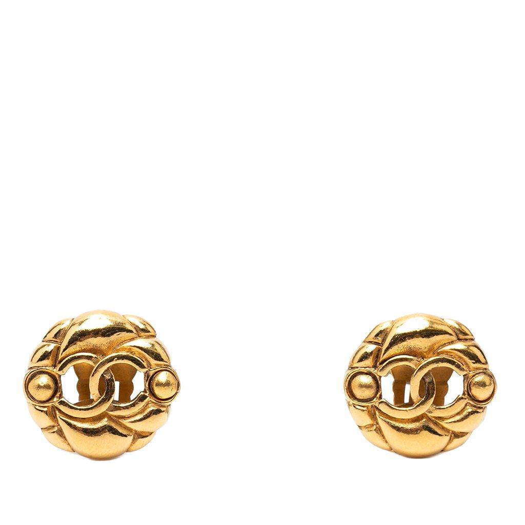 Chanel أقراط بمشبك دائري مجوف مطلية بالذهب على شكل حرف CC