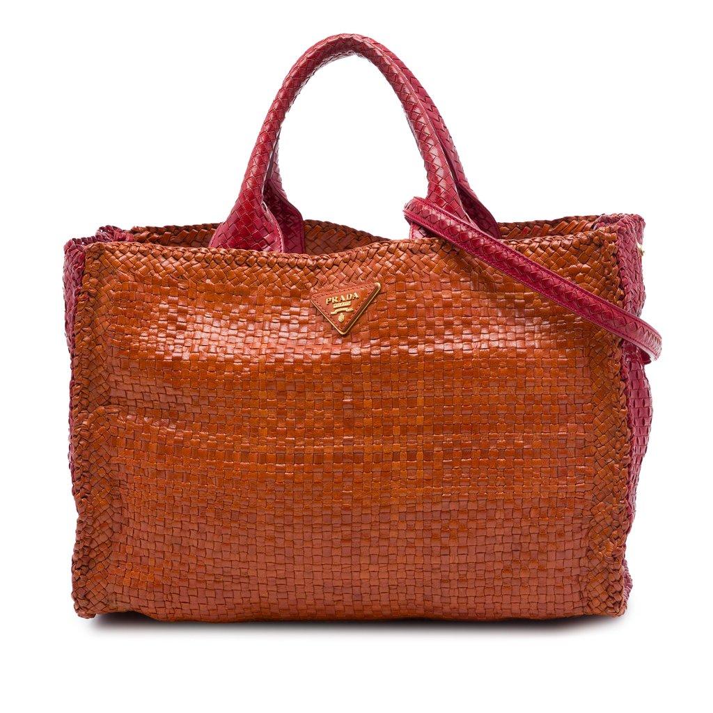 Prada Medium Bicolor Woven Goatskin Madras Shopping Tote