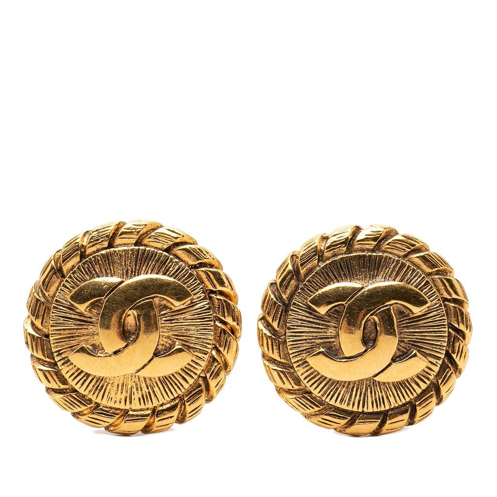 Chanel CC Gold Plated Sunburst Round Clip On Earrings