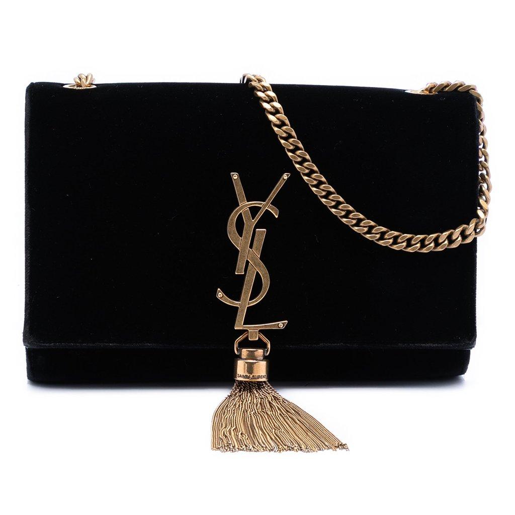 Saint Laurent حقيبة كروس صغيرة من جلد الغزال بنقشة الأحرف الأولى من اسم كيت مع شرابة