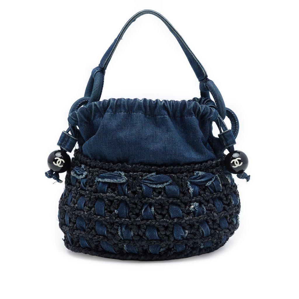 Chanel CC Woven Denim and Raffia Drawstring Bucket Bag