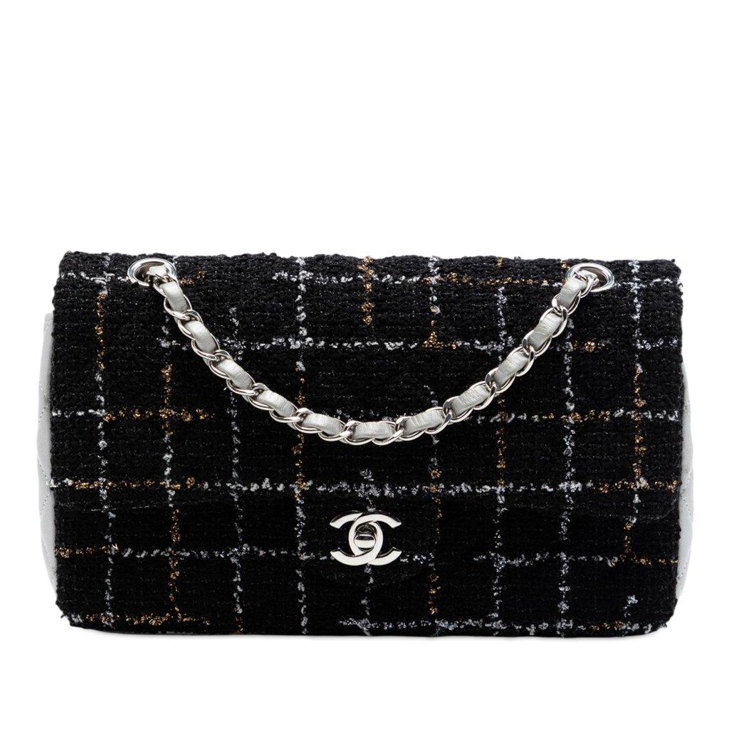Chanel غطاء مزدوج متوسط الحجم من قماش التويد المبطن الكلاسيكي وجلد الخروف المعدني