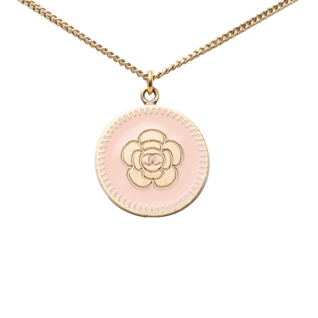 Chanel CC Gold Plated Enamel Camellia Round Pendant Necklace