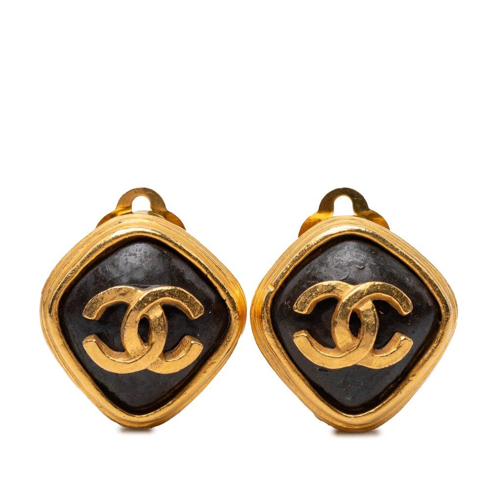 Chanel CC Gold Plated Enamel Diamond Clip On Earrings