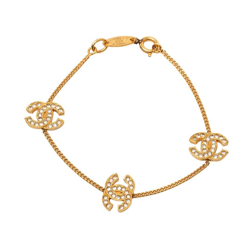 Chanel سوار سلسلة من أحجار الراين مطلي بالذهب عيار 925