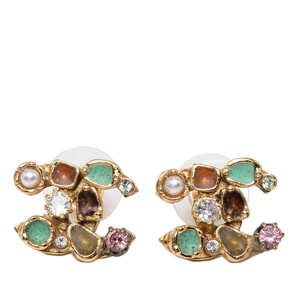 Chanel CC Gold Plated Strass Faux Pearl Resin Embellished Bullet Back Earrings