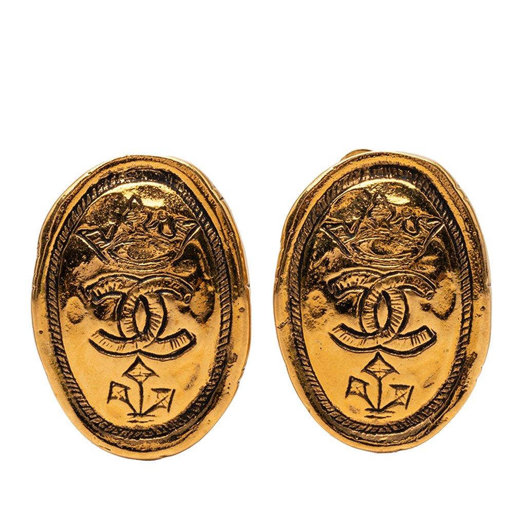 Chanel CC Gold Plated Oval Crown Earrings