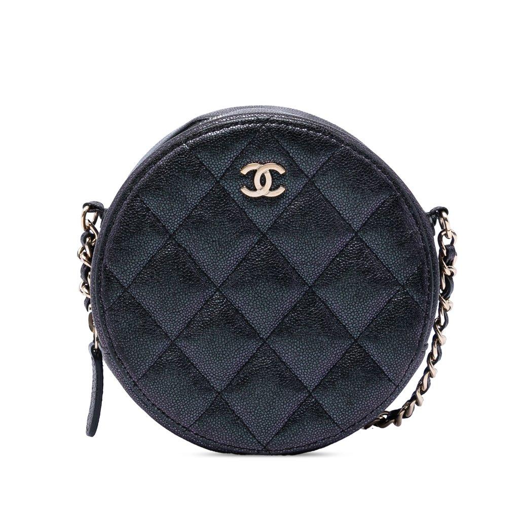 Chanel CC Quilted Iridescent Caviar Round Clutch With Chain