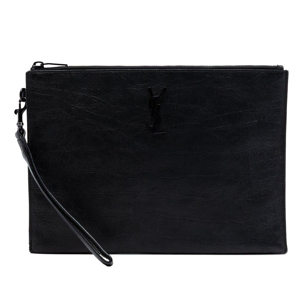Saint Laurent Croc Embossed Leather Monogram Zip Pouch