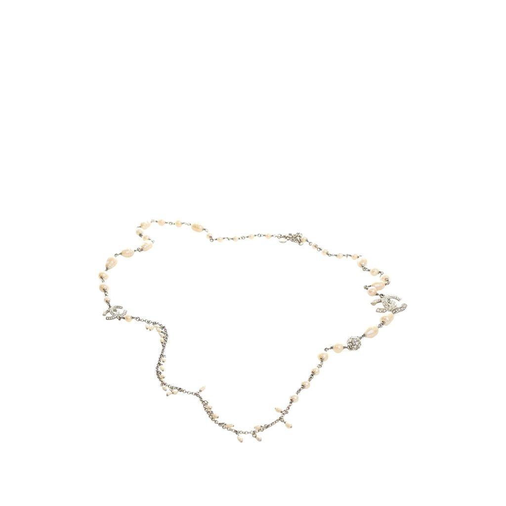 Chanel CC Brass Strass Faux Pearl Baroque Chain Long Necklace