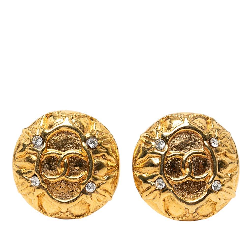 Chanel CC Gold Plated Strass Round Clip On Earrings