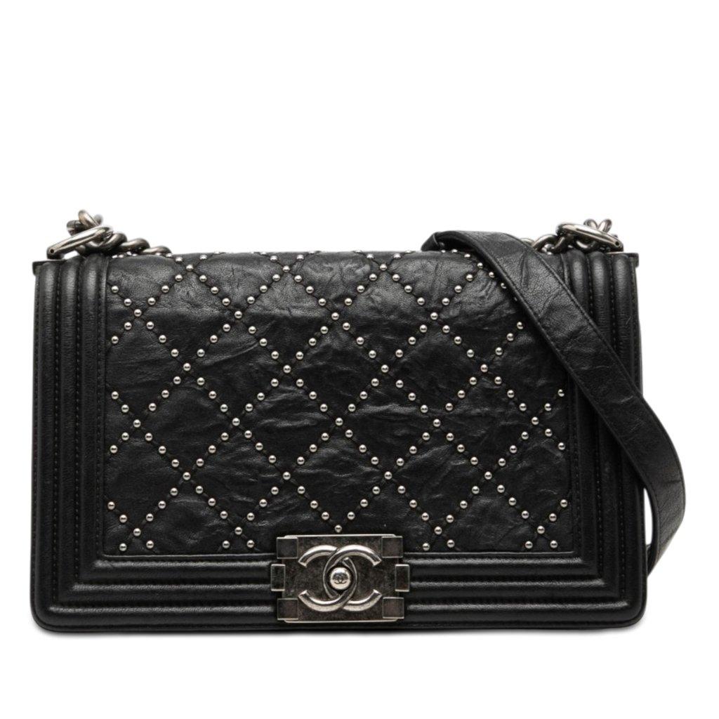 Chanel Old Medium Quilted Crumpled Calfskin Studded Boy Flap