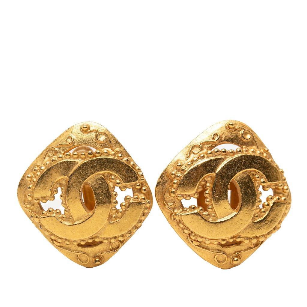 Chanel CC Gold Plated Rhombus Clip On Earrings