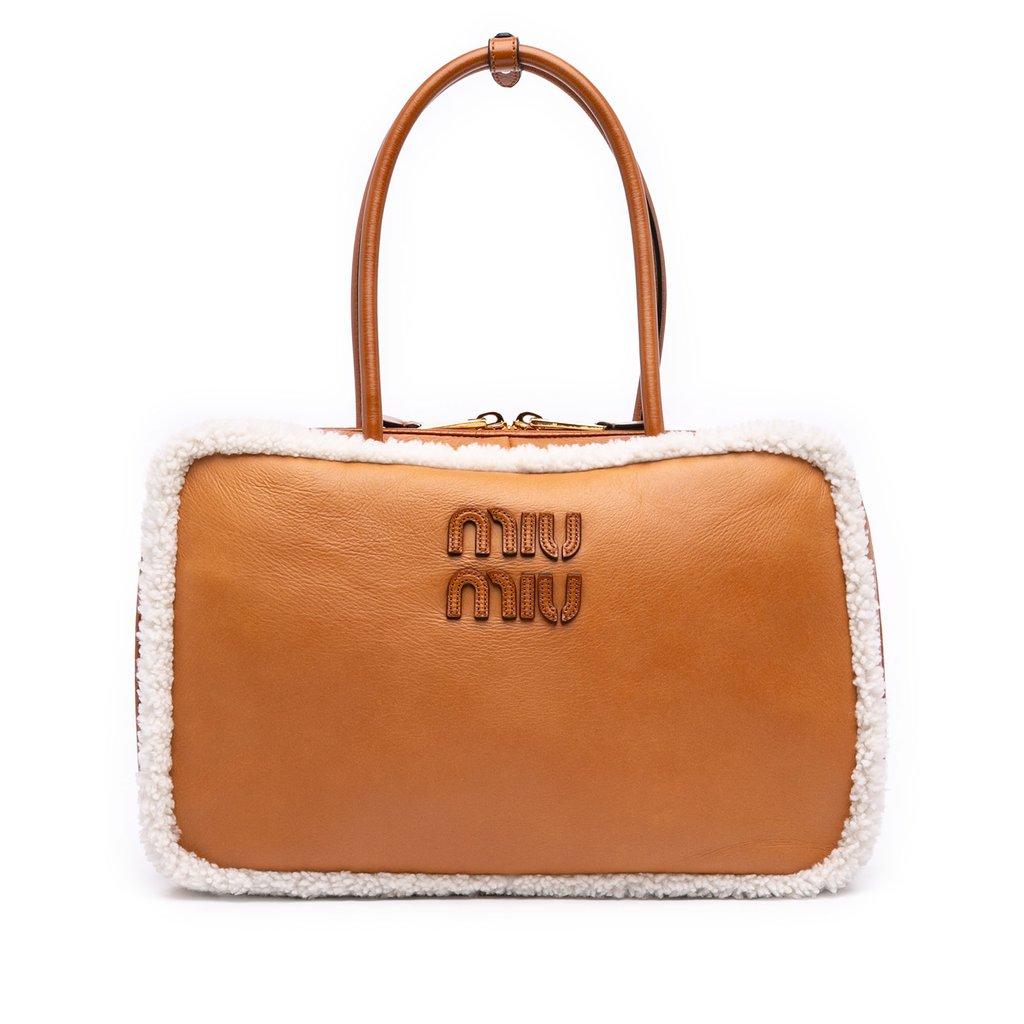 Miu Miu Large Shearling Trimmed Calfskin Logo Beau Shoulder Bag