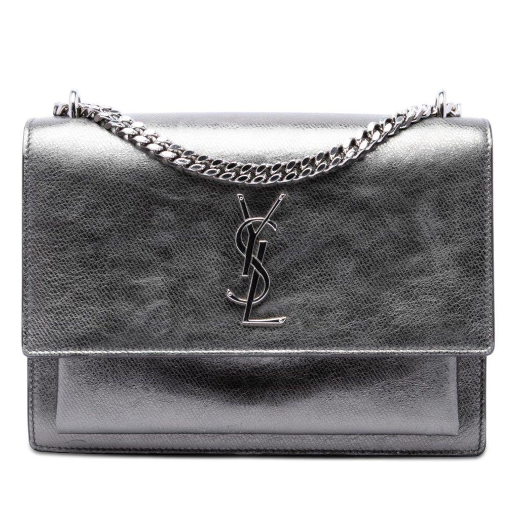 Saint Laurent حقيبة كروسبودي متوسطة الحجم من جلد العجل المعدني بنقشة مونوجرام غروب الشمس