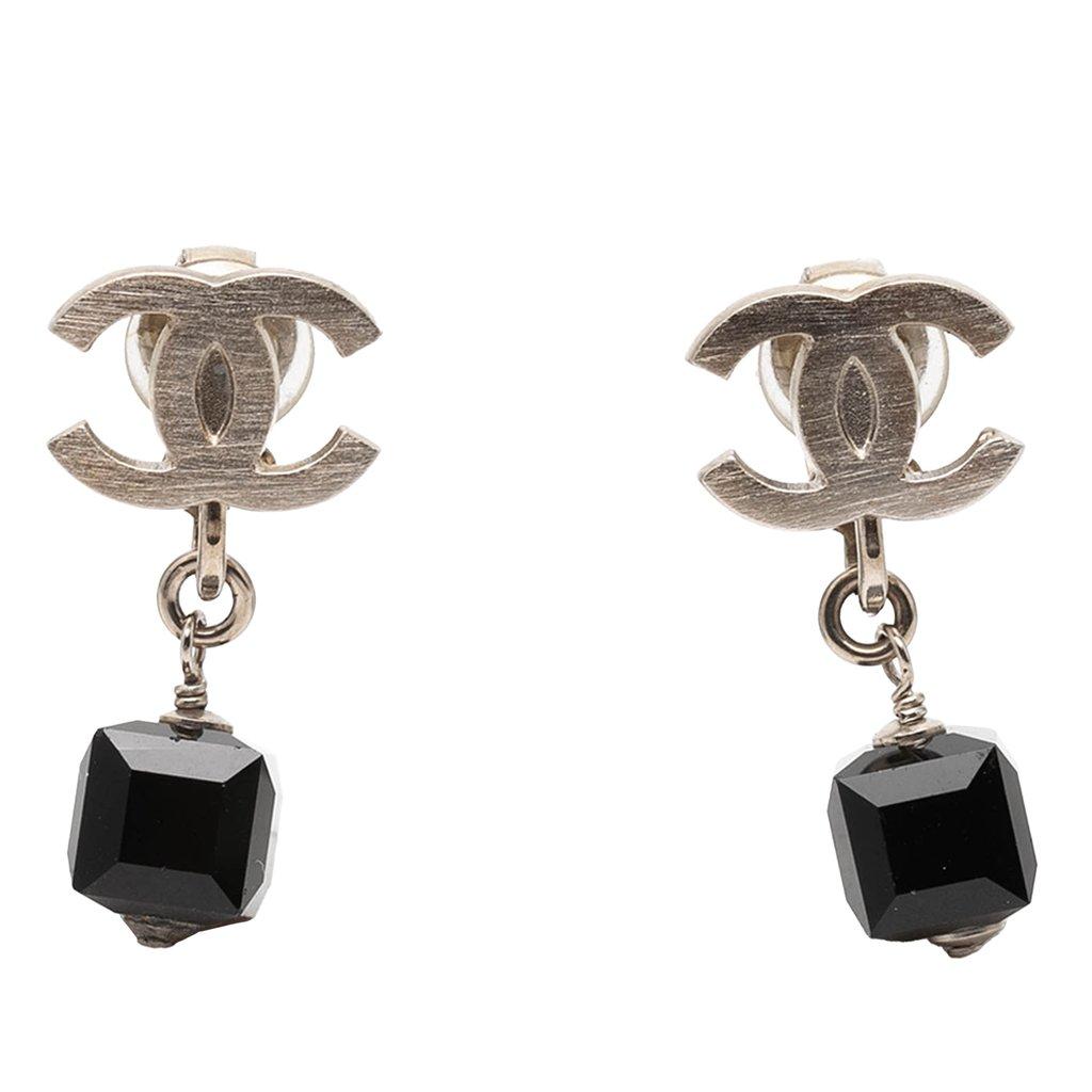 Chanel CC Brass Cube Rhinestone Drop Clip On Earrings