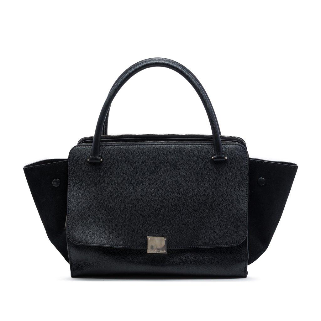 Celine Medium Drummed Calfskin and Suede Trapeze Double Zip Satchel