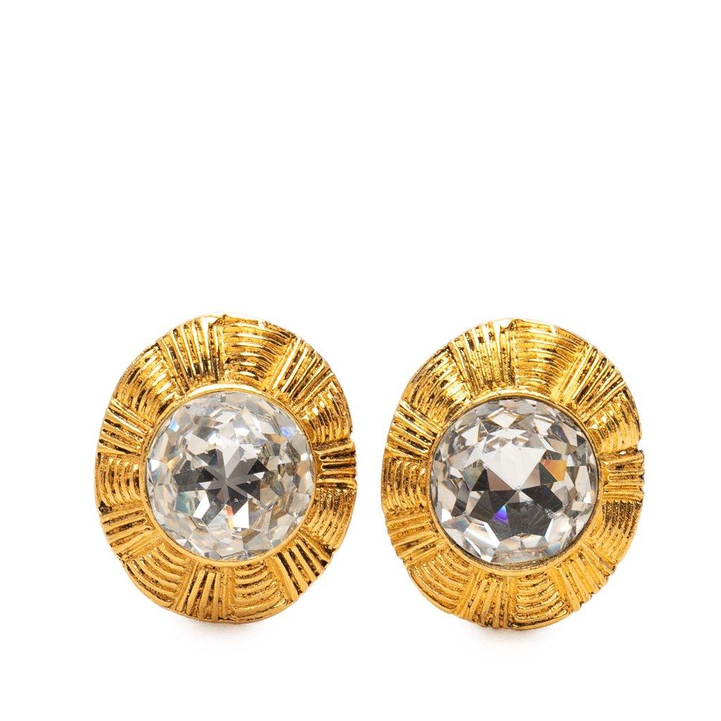 Chanel Gold Plated Crystal Round Clip On Earrings