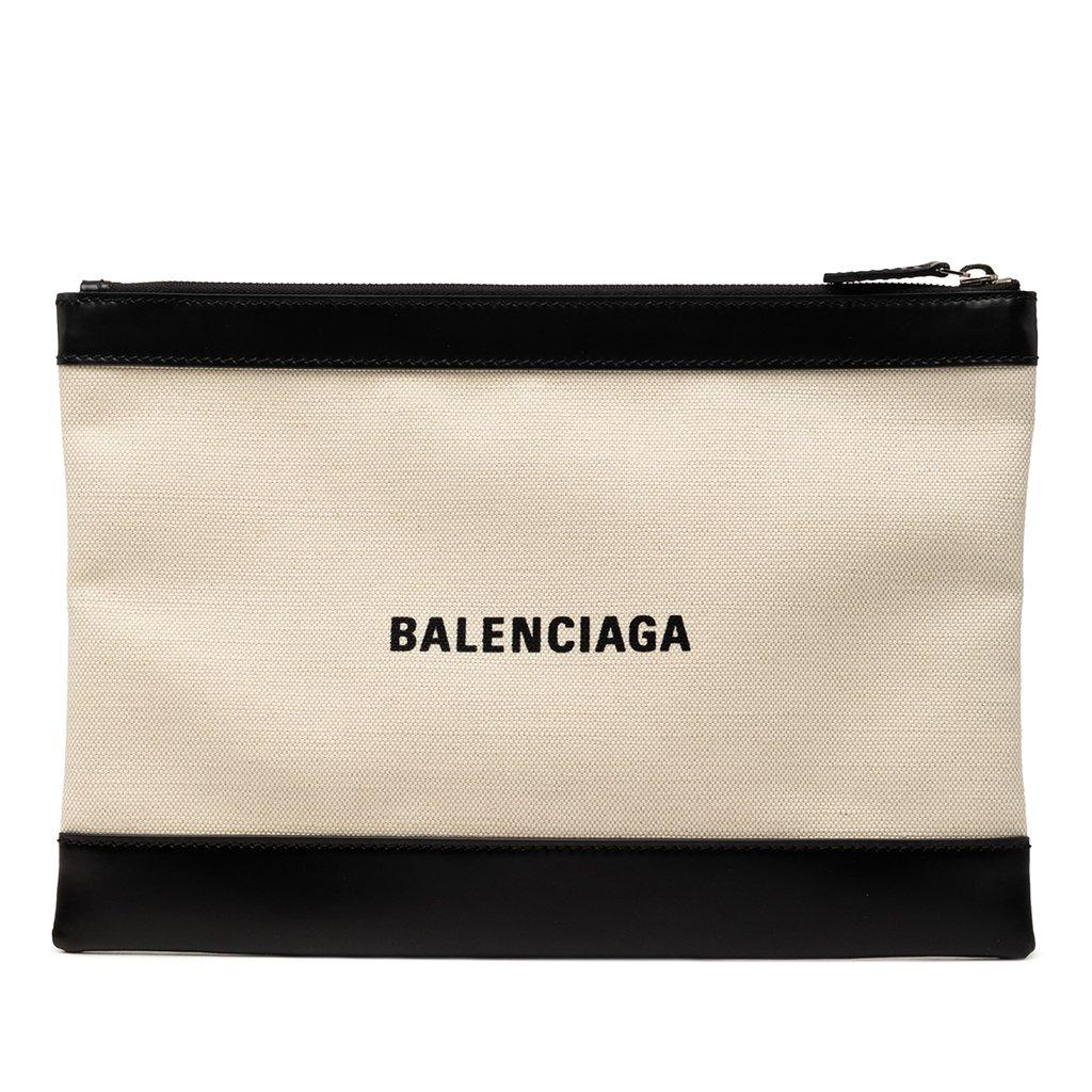 Balenciaga حقيبة يد قماشية زرقاء داكنة بمشبك، مقاس متوسط