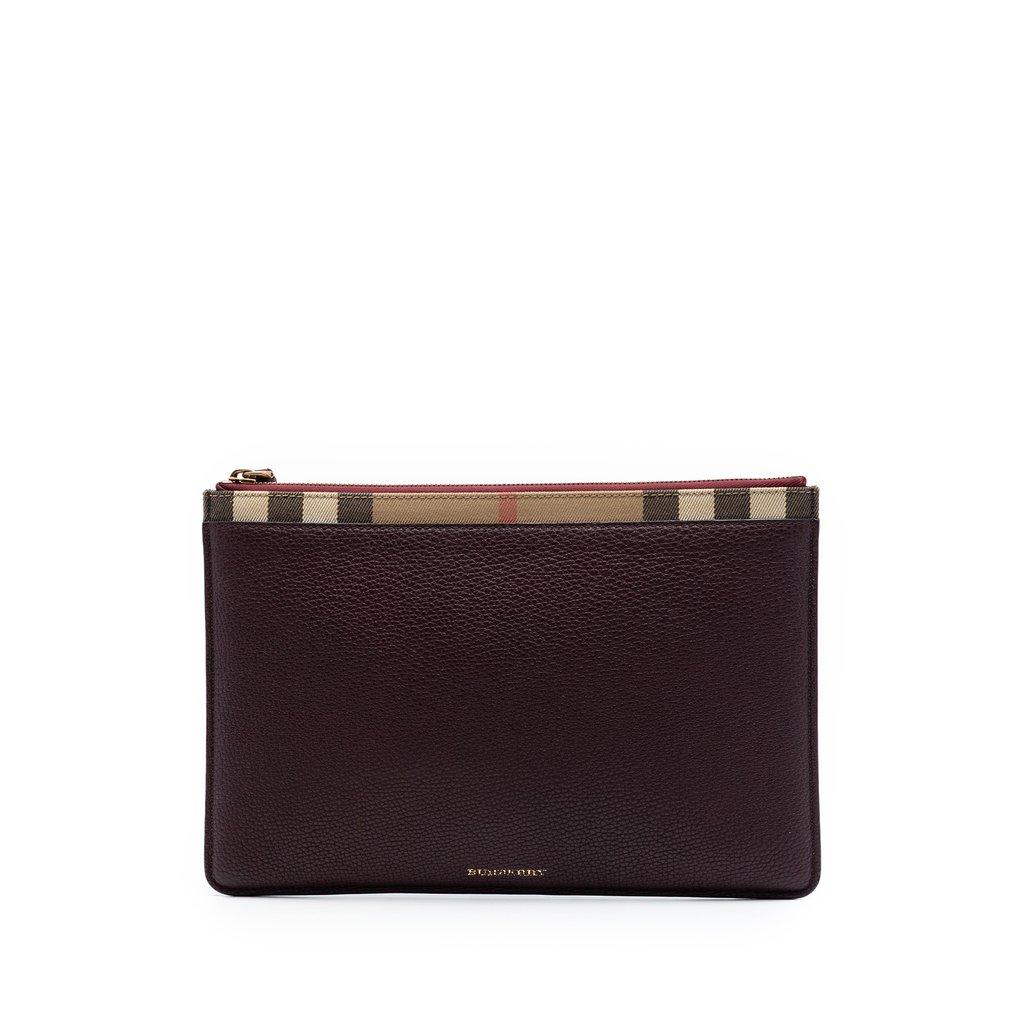 Burberry House Check Canvas Trimmed Grained Calfskin Zip Pouch