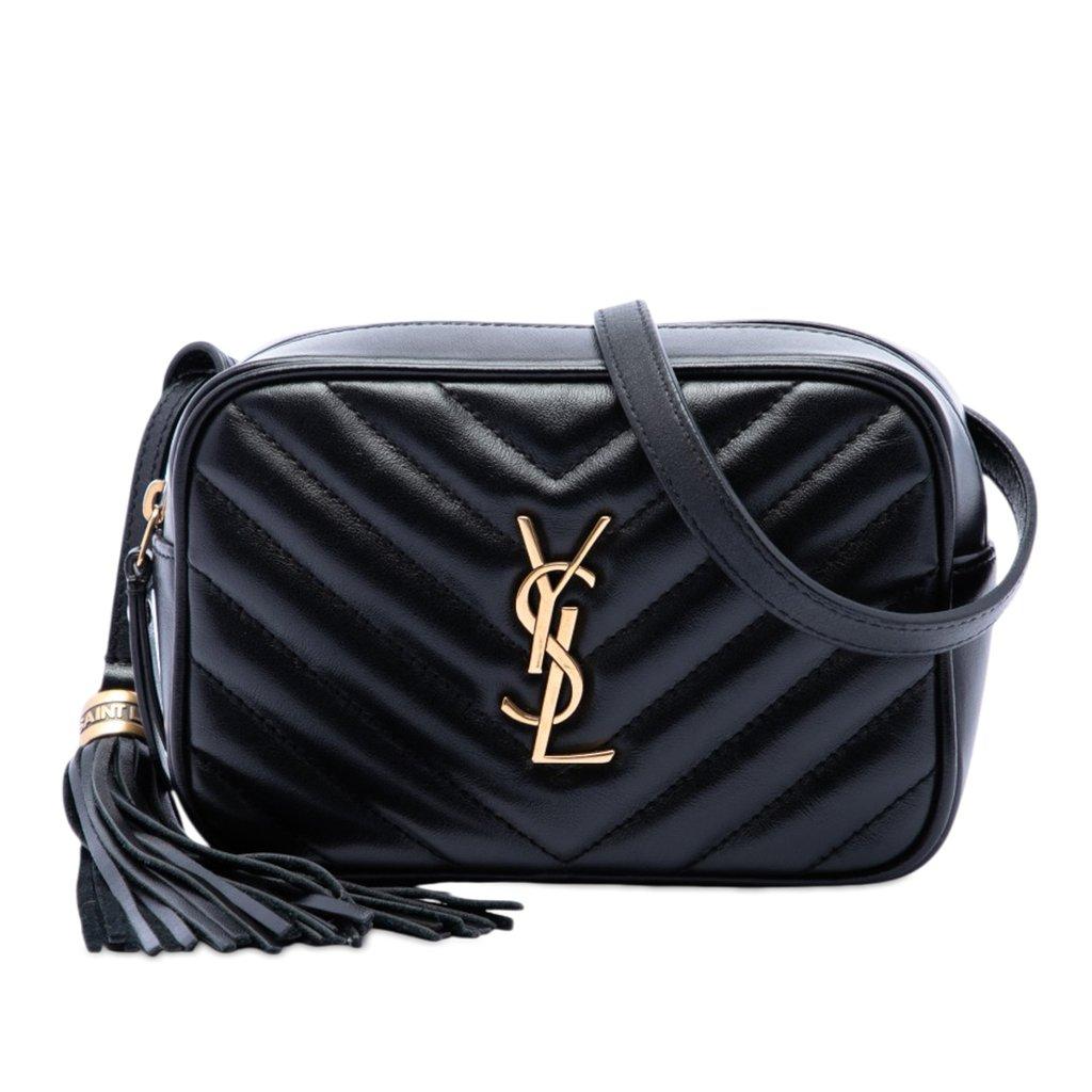 Saint Laurent حقيبة كاميرا صغيرة من جلد العجل المبطن بنقشة المونوغرام مع شرابة