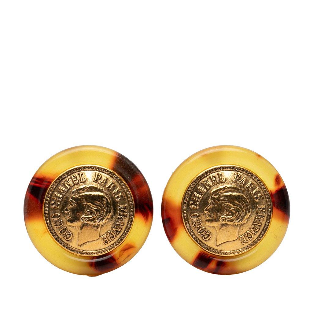 Chanel Gold Plated Tortoise Shell Coin Clip On Earrings