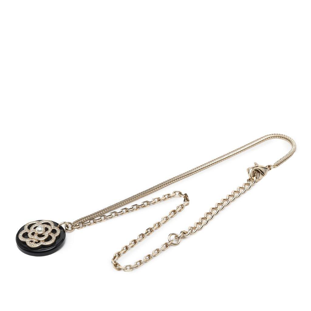 Chanel CC Gold Plated Resin Strass Faux Pearl Camellia Round Pendant Necklace