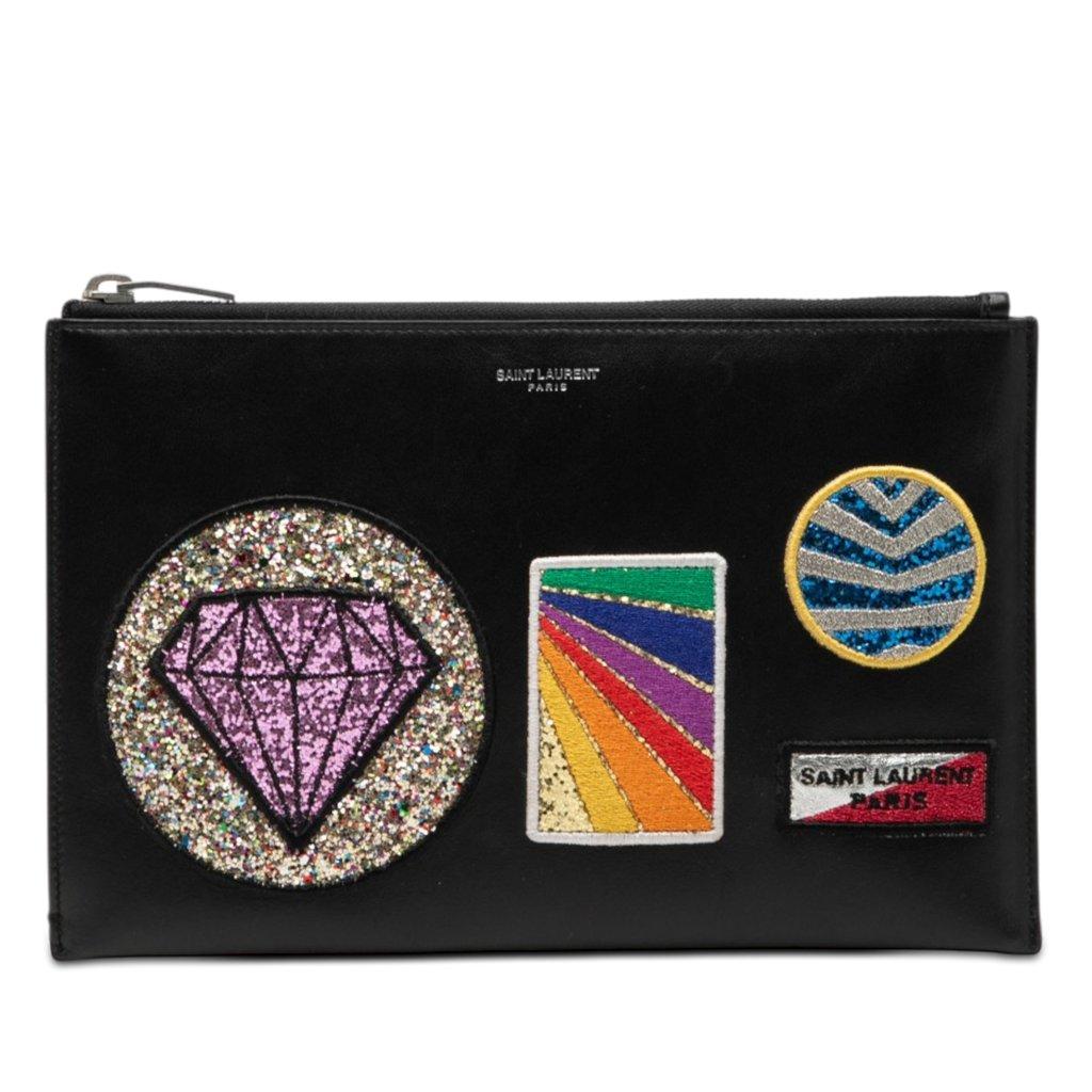 Saint Laurent Leather Multi Patch Zip Pouch