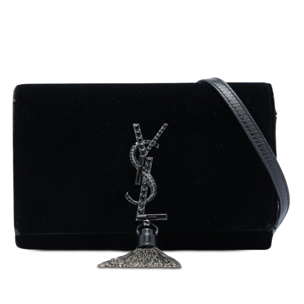 Saint Laurent Velvet Crystal Monogram Kate Tassel Wallet on Chain