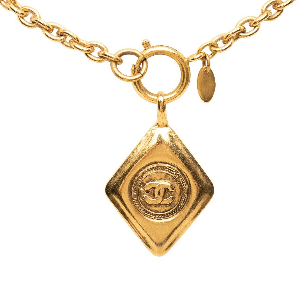 Chanel CC Gold Plated Diamond Shape Pendant Necklace