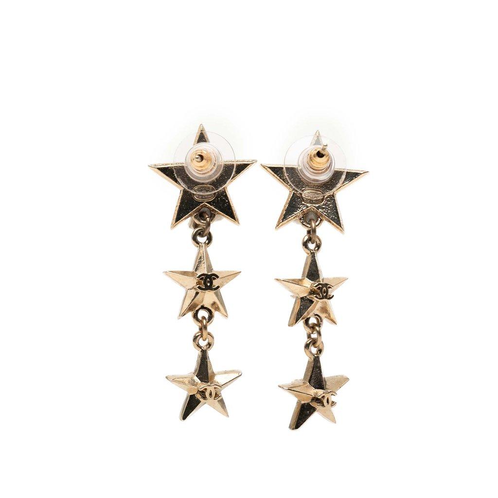 Chanel CC Gold Plated Triple Star Drop Bullet Back Earrings